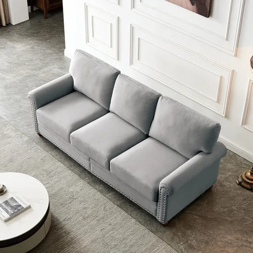 Vista 4 de Harper & Bright Designs Sofá de 3 plazas tapizado de lino con espacio de almacenamiento, patas de madera, decoración de uñas, moderno sofá de 3
