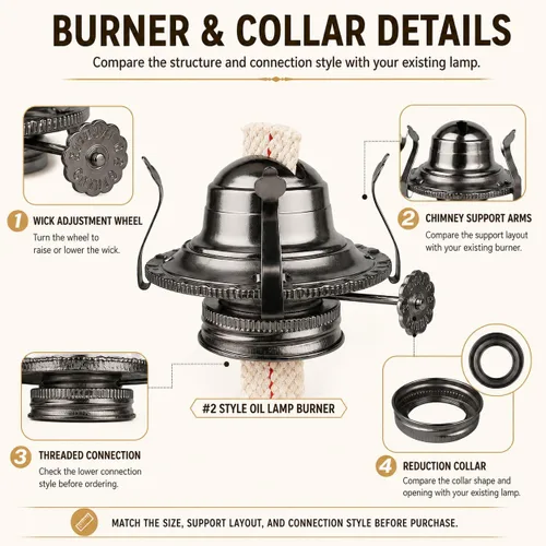Vista 3 de Quemador de lámpara de aceite #2 con revestimiento negro - Piezas de lámpara de queroseno antiguo con soporte para chimenea, mecha de algodón