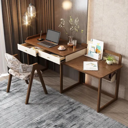Vista 5 de Lartis Escritorio extensible de madera maciza de 70 pulgadas, mesa de estudio de almacenamiento con unidad lateral, banco de trabajo multifuncional