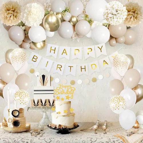 Vista 2 de Decoraciones de Fiesta de Cumpleaños Blancas y Doradas Mejoradas para Niñas, Mujeres y Hombres con Banda de Feliz Cumpleaños, Pancarta, Pompones