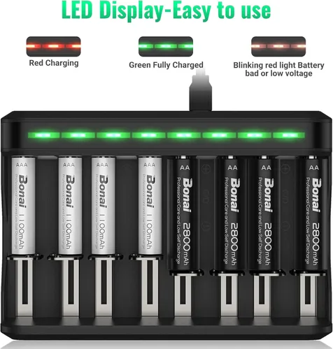 Vista 6 de BONAI Juego de cargador de baterías recargables AA AAA, paquete de 4 baterías AA de 2800 mAh y 4 unidades de 1100 mAh AAA NiMH con cargador