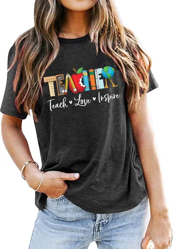 Vista 18 de Camisetas para profesores de ABCD para mujer, camiseta de manga corta para B-Negro