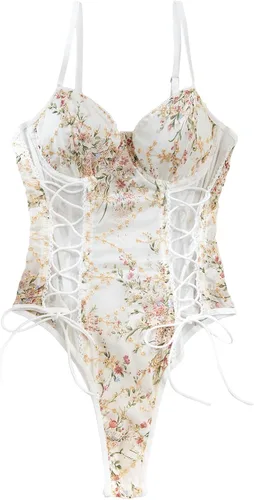 Vista 15 de Lilosy Teddy de Lencería Sexy para Mujer con Cordones y Bordado Floral, Body Top de Malla Transparente de Una Pieza Verde militar