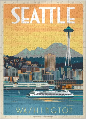 Vista 7 de MyPuzzle Seattle, WA: Ferry, póster vintage, rompecabezas de 100 piezas para adultos