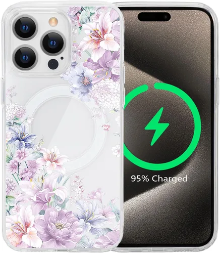 Vista 43 de Funda magnética de flores para iPhone 15 [compatible con MagSafe] Bonito patrón floral transparente a prueba de golpes