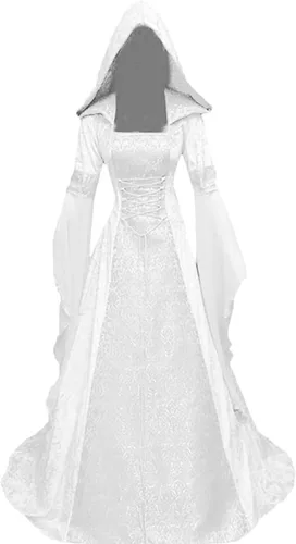 Vista 12 de BITSEACOCO Disfraz de bruja de lujo para mujer, vestido de vampiro con capucha gótico renacentista bordado vintage, vestido de cosplay Rojo vino
