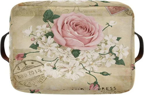 Vista 9 de ALAZA Shabby Chic - Caja de almacenamiento plegable con diseño floral de rosas, cestas organizadoras con asas para estantes, armario, sala de estar