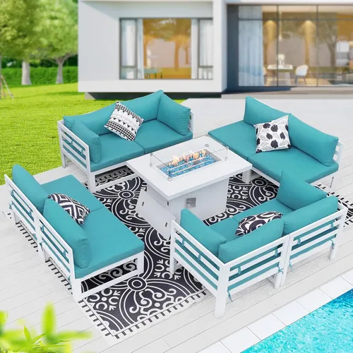 Vista 63 de BULEXYARD - Sofá modular de aluminio para exteriores con mesa para fogata, 7 piezas, color verde azulado