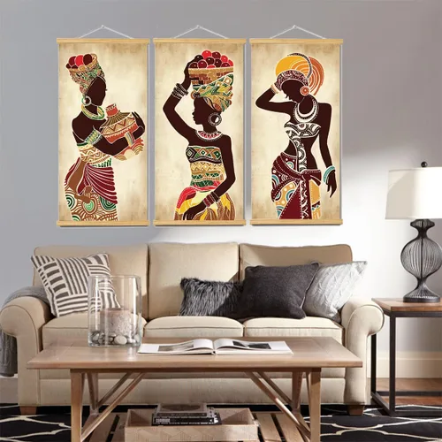 Vista 2 de 3 piezas de pintura en lienzo étnica africana de mujer negra, arte de pared vintage para sala de estar y dormitorio, arte en lienzo con marcos