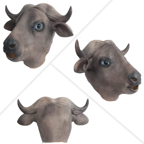 Vista 4 de PartyHop Máscara de búfalo con cabeza de animal de látex de cabeza completa, máscaras realistas para Halloween, carnaval, fiesta de disfraces