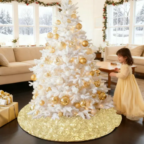 Vista 5 de Falda de lentejuelas para árbol de Navidad, 48 pulgadas, doble capa, para bodas y fiestas Dorado