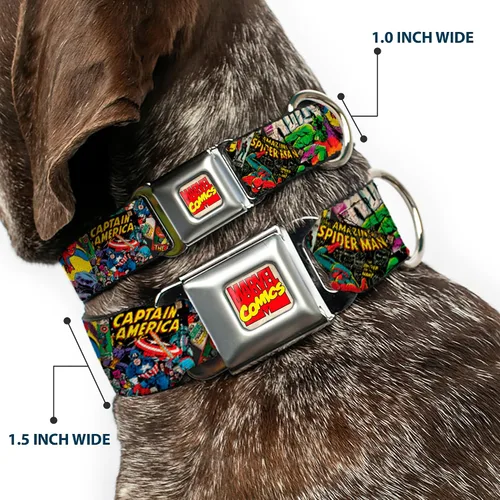 Vista 2 de Buckle-Down Collar de perro con hebilla de cinturón de seguridad, apilado de cómics retro de Marvel, 1 pulgada de ancho, se adapta a cuello de 9 a