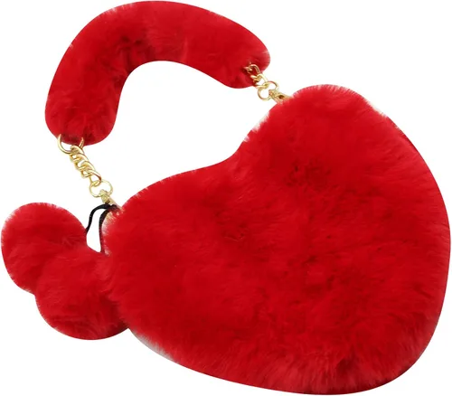 Vista 2 de Bolso de mano de piel sintética con forma de corazón para mujeres y niñas, bolso de hombro de felpa con correa de cadena de metal, Rojo -, Portátil