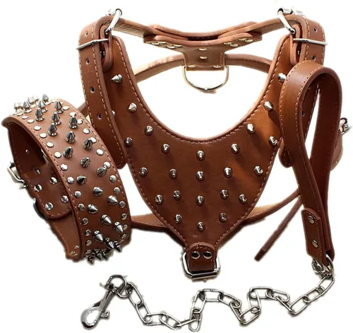 Vista 12 de Arnés para perro con tachuelas de cuero de raza, collar y correas, juego de 3 piezas para perros medianos y grandes, mastín, boxer, bull terrier