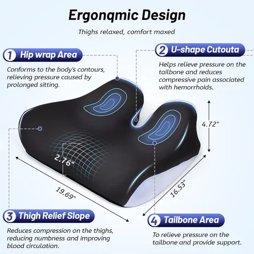 Vista 8 de Cojín de asiento extra grande para aliviar el dolor de coxis, cojín ergonómico para silla de oficina, cojín de espuma viscoelástica para coxis