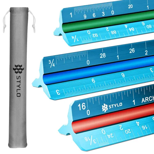 Vista 8 de Stylo Regla de escala de arquitecto de aluminio de 12" con grabado láser, regla triangular de dibujo, ranuras codificadas por color para planos, Gris