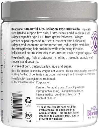 Vista 3 de Bluebonnet Nutrition Beautiful Ally - Colágeno en polvo, colágeno hidrolizado de vacas alimentadas con pasto, péptidos de colágeno tipo 1 y 3, sin