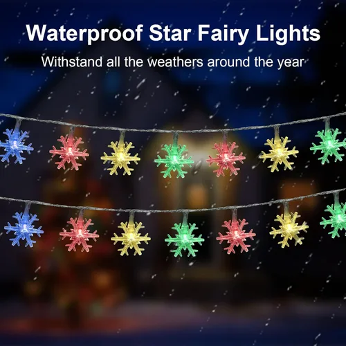 Vista 7 de AUAUY Guirnalda de luces de copos de nieve, 40 luces LED de 19.6 pies, funciona con pilas, 2 modos, luces impermeables para exteriores, interiores