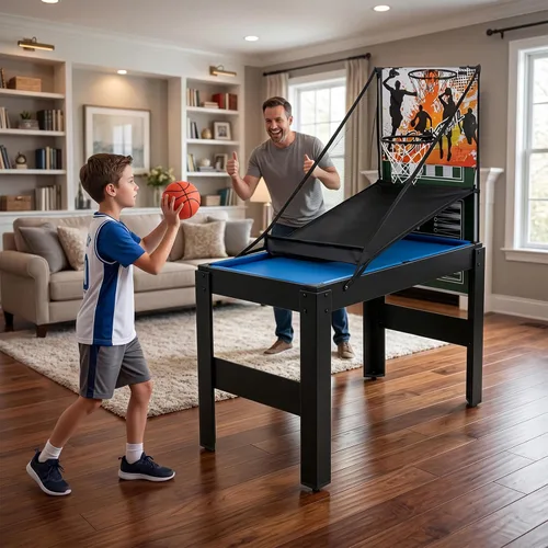 Vista 9 de GYMAX Mesa de juego múltiple de 48 pulgadas, 14 en 1 combinada con baloncesto, billar, futbolín, ping pong, hockey, shuffleboard, bolos, ajedrez
