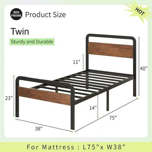 Vista 2 de Richwanone Marcos de Cama Individual con Cabecera y Pie de Cama de Madera, Marco de Plataforma de Metal de 14 Pulgadas con Soporte de Listones
