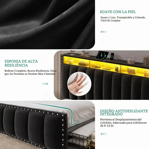 Vista 7 de YITAHOME Queen Size Bed Frame with 4 Storage Drawers and RGB LED Lights Negro