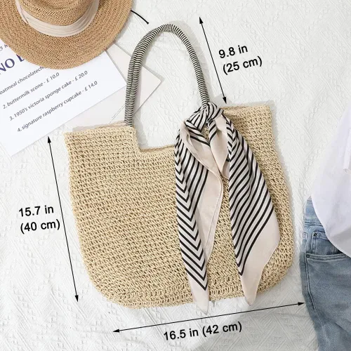 Vista 4 de Rejolly Bolso de mano de paja para mujer, para playa, verano, vacaciones, estilo bohemio, de ratán, bolso grande de hombro tejido
