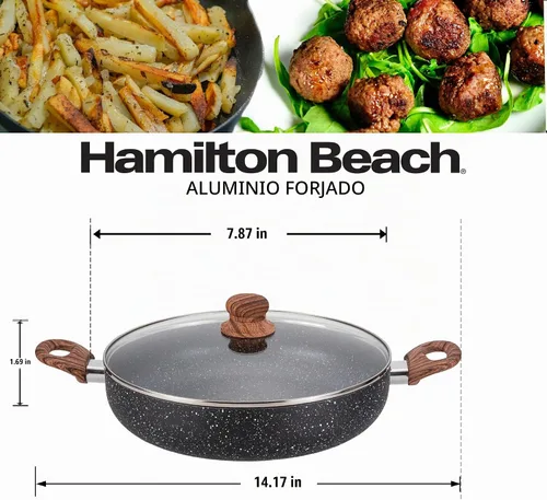 Vista 4 de Hamilton Beach Revestimiento de mármol antiadherente de aluminio de 4.5 cuartos de galón, calefacción uniforme, olla redonda para horno de playa Gris