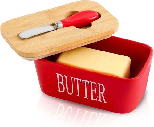 Vista 12 de Hasense Mantequillera de porcelana con tapa de bambú – Mantequera cubierta con cuchillo de mantequilla para encimera, recipiente hermético