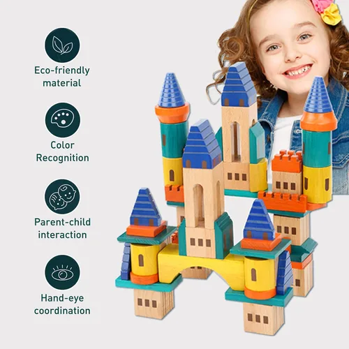 Vista 4 de Xylolin Juego de bloques de construcción de castillo de madera, juguete de bloques apilables de madera de haya maciza grande, juego de construcción