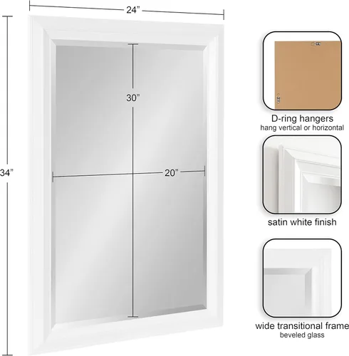 Vista 2 de Kate and Laurel Whitley Espejo de pared tradicional enmarcado; 24 x 34; blanco; espejo de baño rectangular costero con perfil de transición y diseño