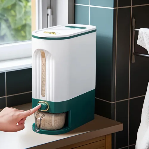Vista 7 de LUOKER Dispensador de arroz, almacenamiento de arroz de 25 libras con taza medidora, recipiente de arroz blanco y verde con un solo toque