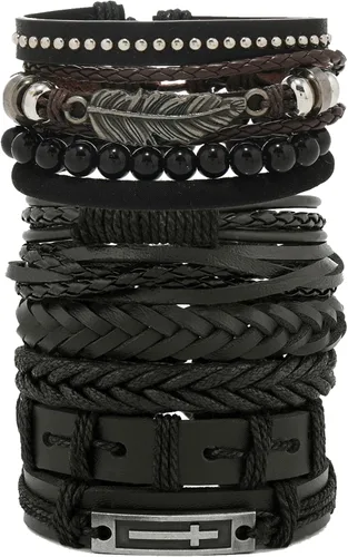 Vista 6 de Pulsera de cuero punk para hombre, 8-10 piezas, trenzada, cuentas de madera, calavera, metal, pulsera de cuero