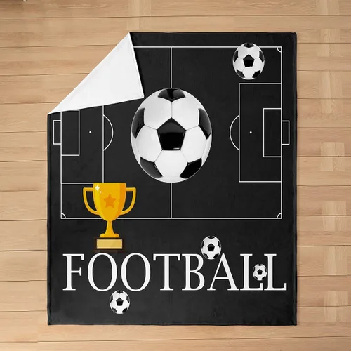 Vista 3 de Manta de franela de fútbol, manta de felpa deportiva de juego de pelota para cama, sofá para todas las estaciones, manta de cama negra con trofeos