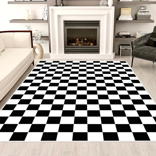 Vista 16 de Alfombra a cuadros de 2 x 3 pies, alfombra negra y blanca moderna para entrada interior, alfombra pequeña lavable a cuadros para baño, alfombra