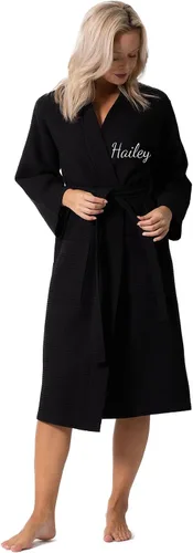 Vista 11 de Turkish Linen Bata tipo kimono ligera de punto gofre, para spa y baño, para mujer, de secado rápido, suaves Negro