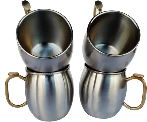 Vista 4 de Rastogi Handicrafts Juego de 4 tazas de acero inoxidable Moscow Mule de capacidad de 16 onzas, mango de latón para pulgar, taza de café frío, taza
