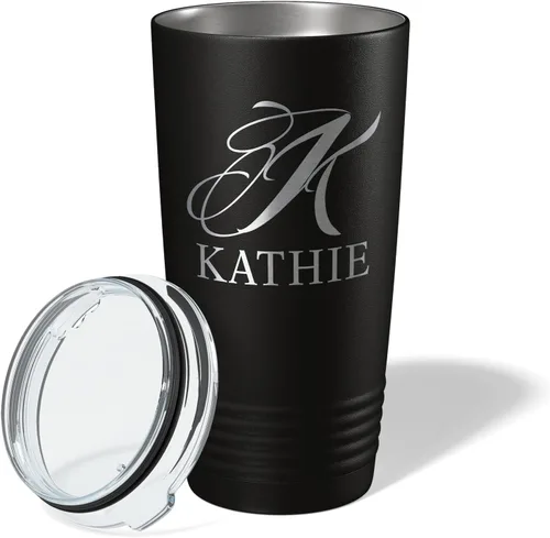 Vista 2 de Vaso personalizado de regalo de cumpleaños para mujeres y hombres, con monograma de escritura dividida, inicial y nombre grabado en negro, taza