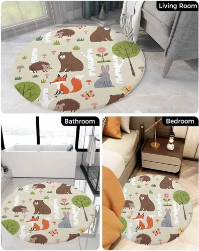 Vista 5 de Alfombra de área de 3 pies para interior, redonda, diseño de dibujos animados, conejo, oso, zorro, bosque, alfombra lanuda para niños, habitación