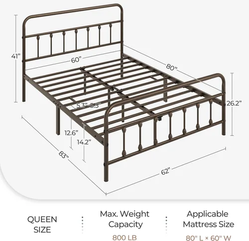 Vista 9 de Yaheetech Base de cama con plataforma de metal, cabecero y estribo Bronce