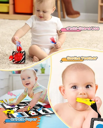 Vista 6 de Baobrava 3 piezas de juguetes para bebés en blanco y negro de alto contraste para recién nacidos, juguete sensorial Montessori para tiempo