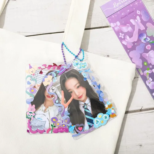 Vista 5 de Whaline 145 piezas soporte para tarjetas fotográficas Kpop con calcomanías, fundas transparentes para tarjetas, kit de protector de tarjetas