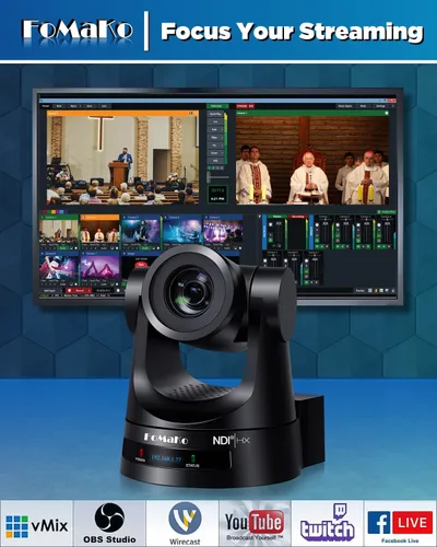Vista 2 de Cámara FoMaKo NDI PTZ, 30X Zoom Óptico, Seguimiento Automático AI Gen 3, Cámara HDMI PTZ para Servicios de Adoración en Vivo, Educación y Eventos