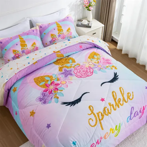 Vista 6 de NTBED Juego de edredón individual de unicornio con sábanas, juego de ropa de cama individual de 5 piezas para niñas, microfibra ligera, arcoíris