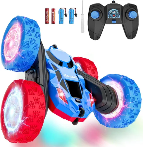 Vista 16 de Hamdol Auto de control remoto para niños, auto de acrobacias RC giratorio de 360°, vehículo eléctrico 4WD de doble cara con luces LED, autos de Azul