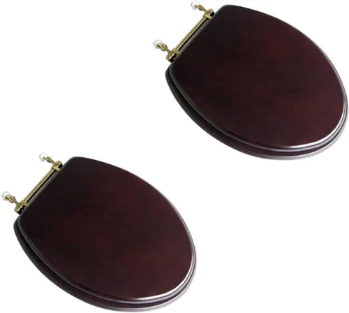 Vista 15 de Renovators Supply Manufacturing Asiento de retrete alargado de madera de caoba ligera con las bisagras de cobre amarillo de PVD y el parachoques