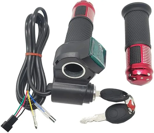 Vista 3 de Empuñadura del acelerador de bicicleta eléctrica, universal para bicicleta, acelerador giratorio con agarres rojos con pantalla LED e interruptor