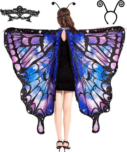 Vista 2 de Tibeha ButterflyWingsforWomen Kids - Double-SidedPrintingCostumeHalloweenGirls CapewithMaskandAntennaHeadband
