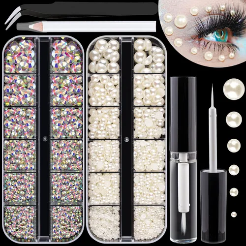 Vista 18 de Kit de diamantes de imitación y perlas con parte trasera plana, cristal redondo AB y gemas blancas transparentes+perlas blancas y beige