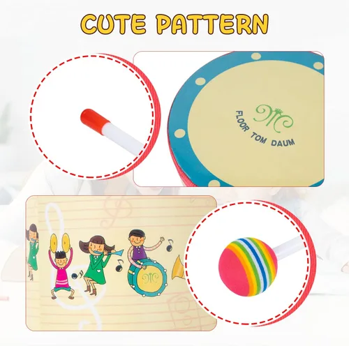 Vista 4 de Tambor Tom de piso de 8 pulgadas con 2 mazos y 2 pares de baquetas 5A de madera para regalo de cumpleaños infantil