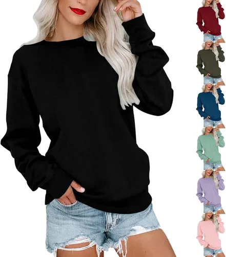 Vista 7 de Sudaderas de otoño para mujer, sudaderas casuales con cuello redondo y manga larga, lindas camisetas tipo túnica holgadas